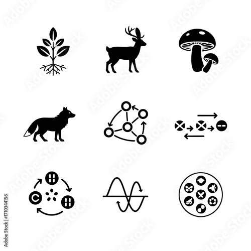 A collection of black glyph icons representing ecology, biology, and nature, including animals, plants, fungi, and scientific diagrams of systems and cycles.
