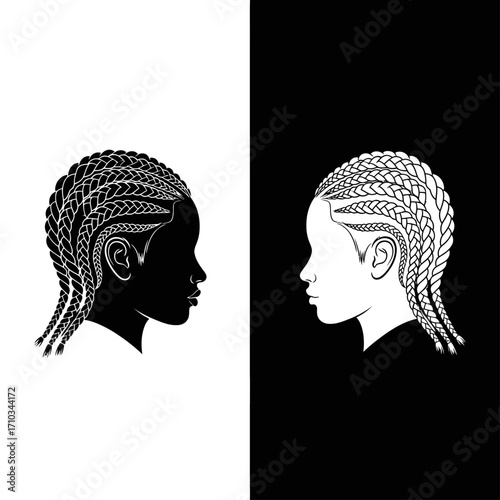 Two contrasting black and white profiles of a woman with an intricate braided cornrow hairstyle.