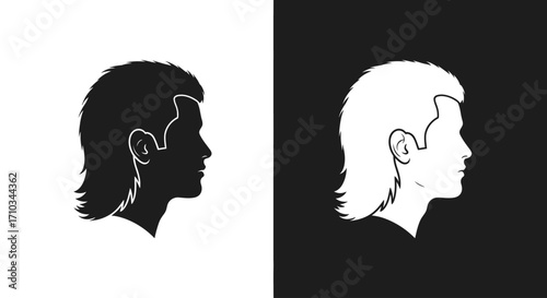 A black and white vector illustration of a man's head in profile, featuring a classic mullet hairstyle.
