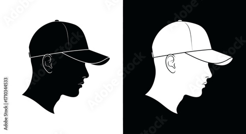 Two contrasting graphic profiles of a person wearing a baseball cap, one black on white and one white on black.