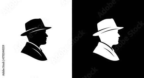 A classic profile silhouette of a man wearing a fedora hat, shown in both black and white versions.