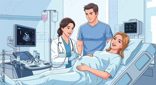 Adobe illustrator artwork vector illustration. A smiling pregnant woman on an examination bed receives an ultrasound from a female doctor, with medical equipment in the background