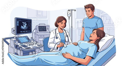 Adobe illustrator artwork vector illustration. A smiling pregnant woman on an examination bed receives an ultrasound from a female doctor, with medical equipment in the background