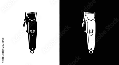 A minimalist black and white graphic illustration of an electric hair clipper, shown in positive and negative space.