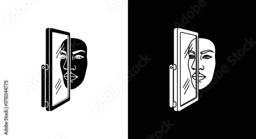 A minimalist illustration of a face partially hidden behind a mirror, its reflection revealing a fractured self.