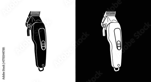 A black and white vector illustration of an electric hair clipper shown in positive and negative space.
