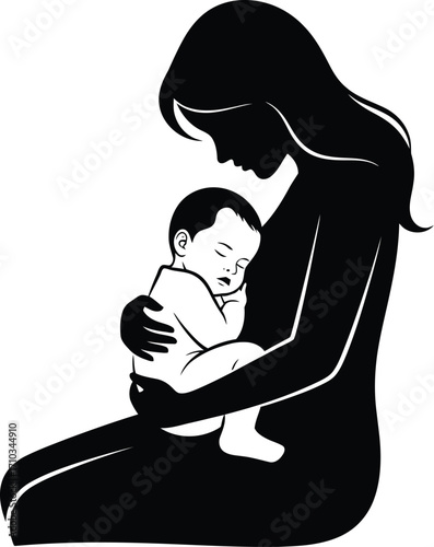 Silhouette of a mother holding her baby, isolated on white background, representing the tender bond between parent and child in a minimalist design