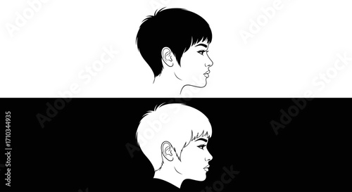 A minimalist black and white illustration of a person with a pixie cut in profile, showing duality and contrast.