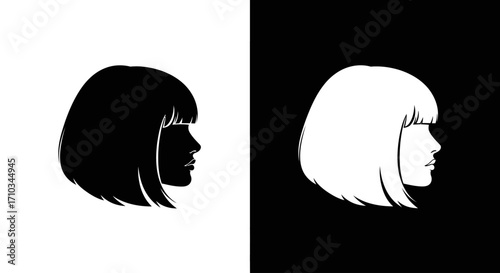 Contrasting black and white silhouettes of a woman's head in profile with a stylish bob haircut and bangs.