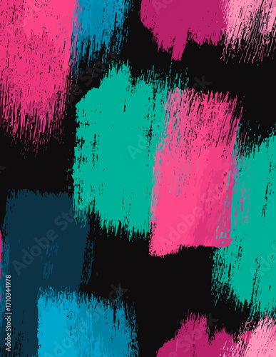 Patrón sin fisuras abstracto en estilo vectorial: Rosa, verde azulado y azul marino sobre fondo negro