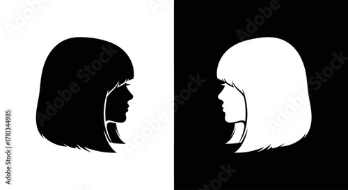Two contrasting female profiles, one black and one white, face each other in a symmetrical, minimalist composition.