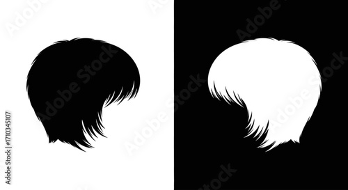 Graphic illustration of a short hairstyle shown as contrasting black and white silhouettes on a split background.