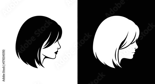 Two contrasting silhouettes of a woman's face with a bob haircut, one black on white and one white on black.