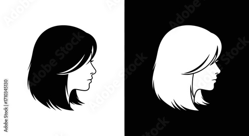 Two contrasting profile silhouettes of a woman's head with a stylish haircut, one black on white and one white on black.