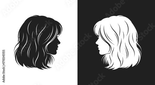 Two contrasting black and white silhouettes of a woman's profile with wavy hair, facing each other in a minimalist design.