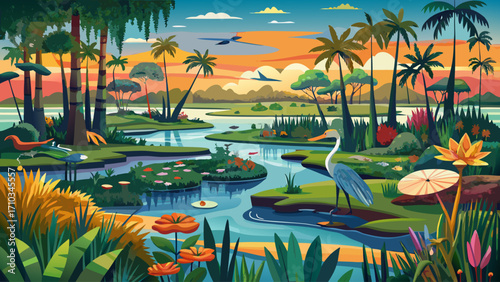 The Everglades National Park, Florida, preserves a vast subtropical wilderness of wetlands, mangroves, and sawgrass prairies—critical habitat for rare and endangered species.