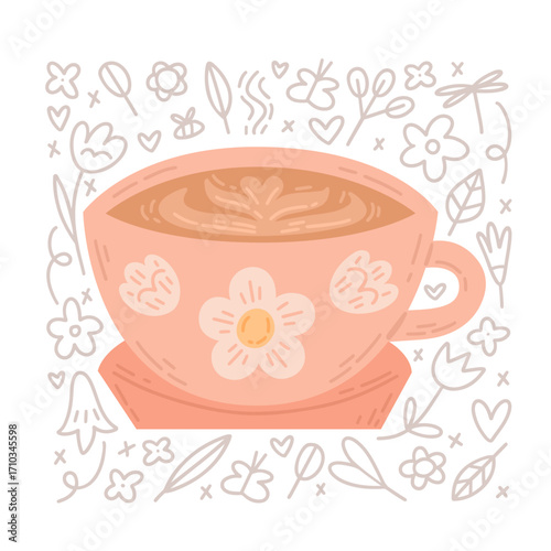 Cute pink mug with flowers. Hot chocolate, coffee, tea cup. Hand-drawn doodles. Print for greeting card. Vector cozy illustration of hot drink in flat style