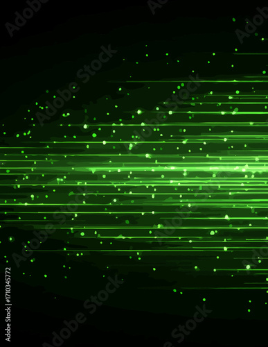 Fondo abstracto verde oscuro con líneas de luz y partículas