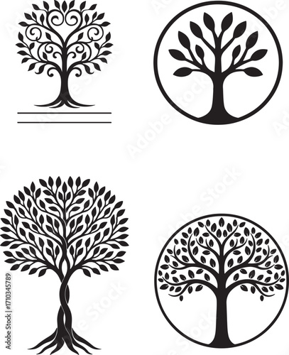 Four stylized black and white illustrations of trees of life and decorative trees