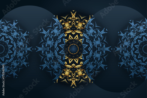 Abstract symmetrical pattern with dual tone blue gold and white floral mandala ornament design
