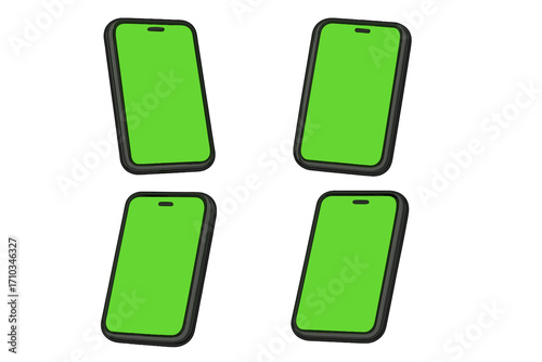 Set of 3D cartoon smartphones with green screen for animation. Isolated vector mobile phone mockup for chroma key. Cellphone display template for UI UX presentation.