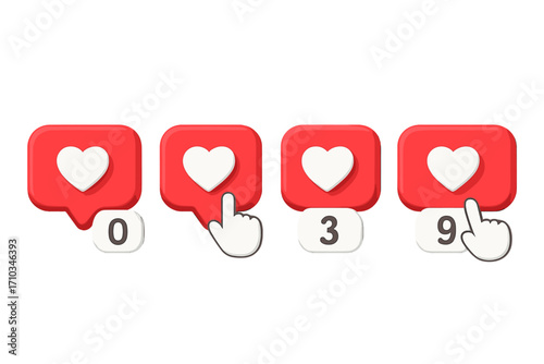 3D social media like button set with heart icon and counter. Love notification bubble with finger cursor click. Vector cartoon illustration for UI web design, mobile app.