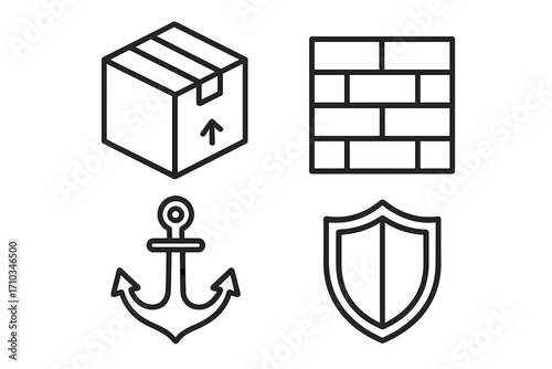 Security, logistics, and stability line icon bundle. Outline vector symbols for graphic design. Includes shipping box, brick wall, anchor, and shield. Metaphors for protection.