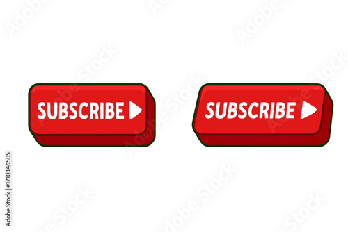 3D subscribe button for video animation. Vector illustration set for social media channels. Red call to action icon with play symbol for blog or website on transparent background.