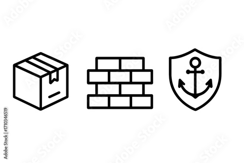 Box, brick wall, anchor shield line icon collection. Vector graphic signs for delivery, construction, security. Outline symbols for web design, apps, logistics, and protection.