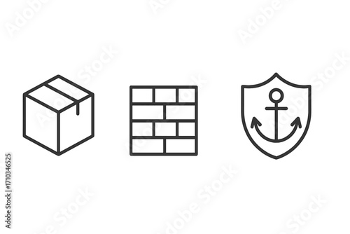 Secure delivery and stability thin line icon set. Box, brick wall, anchor shield vector outline signs. For logistics, construction, web design, apps, corporate identity.