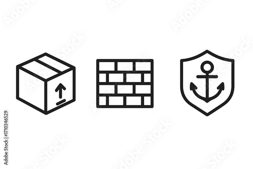 Vector line icon set with package box, brick wall, anchor shield. Outline signs for logistics, shipping, delivery, security, firewall, protection. Simple symbols for web design.