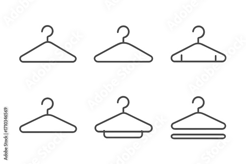 Set of clothes hanger line icons. Wardrobe, closet & laundry minimal outline pictograms. Editable stroke vector for fashion boutique, dry cleaning service or apparel app.