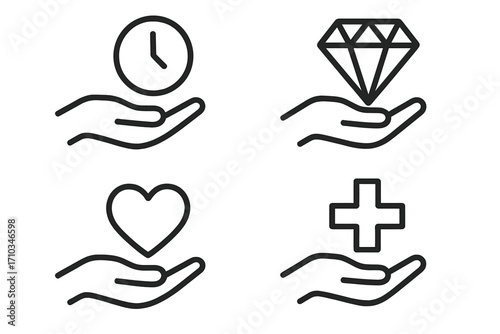 Charity and donation line icon set. Giving time, value, love, and health concepts. Outline vector symbols for web design, apps, and graphic resources. Support and care pictograms.