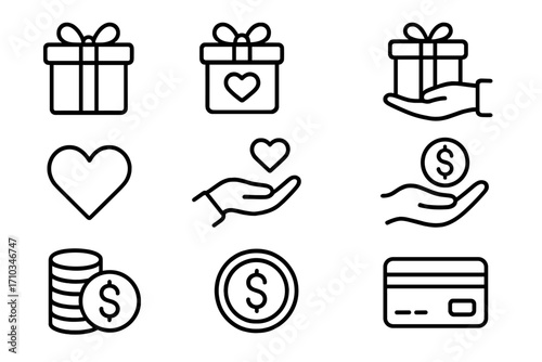 Gift box, charity donation, love, coin, dollar, credit card line icons collection. Present, hand with money, heart, finance, fundraising, payment, banking, outline vector for app and web design.