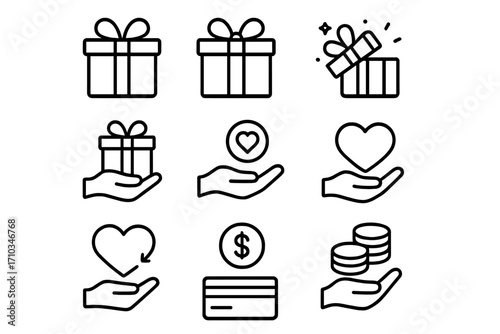 Charity and Gift Line Icon Set. Outline Symbols for Donation, Present, Heart in Hand, Giving, Money, Credit Card, Payment, Rewards, Financial Support. Vector Design Elements for Web, Apps, Adverts