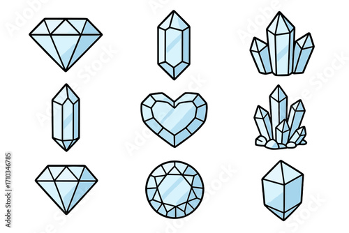 Diamond and gem vector icon set. Collection of precious stones and crystals for design. Jewel, luxury, and wealth symbols. Cartoon illustration of various shiny gemstones.