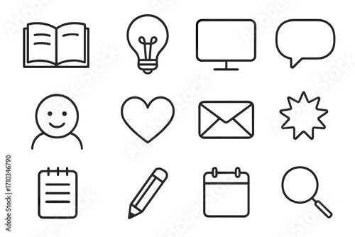 Universal line icon set. Business and web communication symbols. Includes user, search, mail, heart, calendar, and lightbulb icons. Simple outline pictogram collection. Editable stroke.