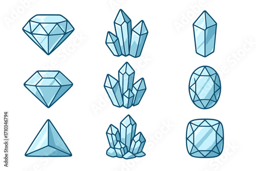 Diamond and gem vector icon set. Cartoon collection of crystal and gemstone illustrations. Blue precious minerals and brilliant jewels for luxury design elements. Shiny stones.
