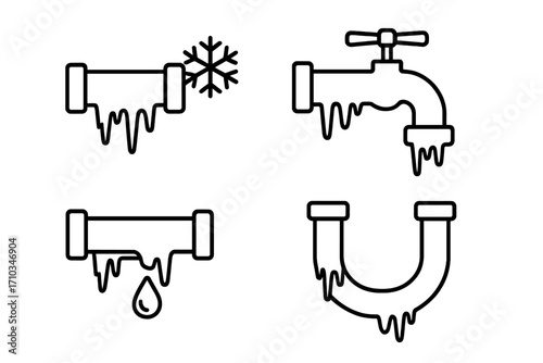 Frozen pipes line icon set. Winter plumbing problem, burst pipe, water leak, cold damage. Icicle, snowflake, faucet, pipeline vector outline symbols for web, app.
