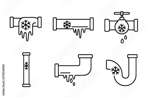 Frozen pipes line icon set. Vector outline symbols for plumbing problems in winter. Cold temperature, burst pipe, water leak, and ice damage concepts for web design.