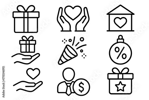 Gift and charity line icon set. Concepts of donation, love, care, holiday celebration, business bonus, reward, and sales discount. Vector outline pictogram collection for web.