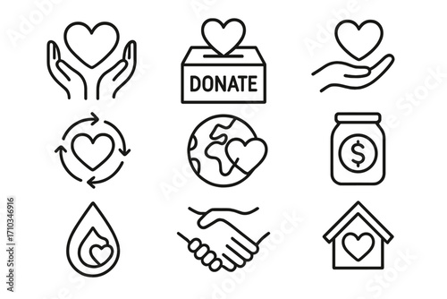 Charity and donation line icon set. Symbols of volunteering, help, kindness, and support. Outline pictogram collection for web design, apps, and social projects.