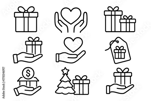 Gift and charity line icon set. Donation, love, giving symbol. Present box, heart in hand, and holiday outline vector icons for web, UI, UX graphic design and christmas.