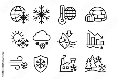 Winter weather and climate change thin line icon set. Collection of snow, cold, ice, frost, and environment outline pictograms for web, apps, and infographics. Vector.