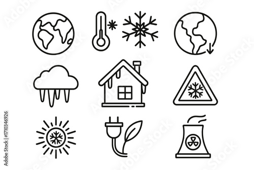 Winter cold weather and climate change vector line icon set. Global cooling, ice age, and frozen planet concepts. Includes snowflake, thermometer, snow, and energy symbols.