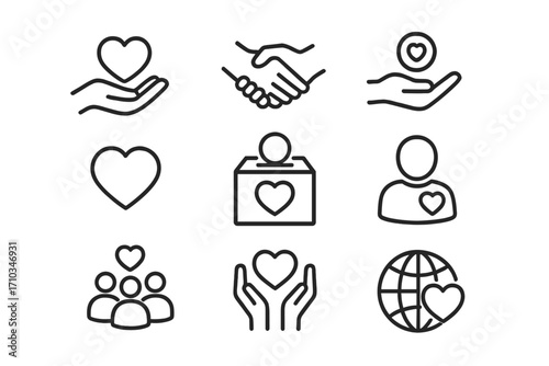 Charity and donation line icon set. Volunteering and support symbols. Philanthropy, kindness, and love concept. Vector icons for non-profit, community aid, and humanitarian work.