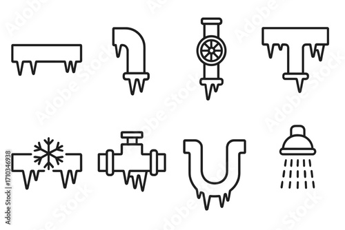 Frozen pipes line icon set. Icicle on water pipe, plumbing problem concept. Winter cold weather damage, burst pipeline emergency. Vector outline illustration, symbol, sign.