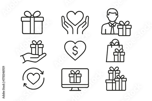 Gift and charity line icon set. Donation, love, support concepts. Vector outline pictograms for web, apps. Present, heart, giving hand, and money symbols for holiday.