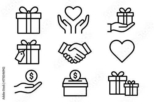 Gift and charity line icon set. Giving, donation, and love symbols. Outline icons for web design, apps, and volunteering. Present, handshake, and heart vector collection.