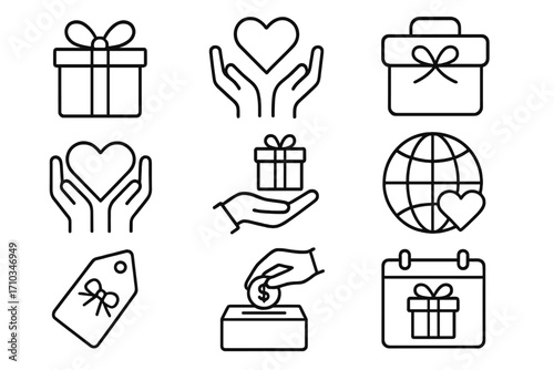 Gift and charity line icon set. Present, donation, and love symbols. Outline vector graphics for fundraising, support, holiday giving, web design, and humanitarian concept.